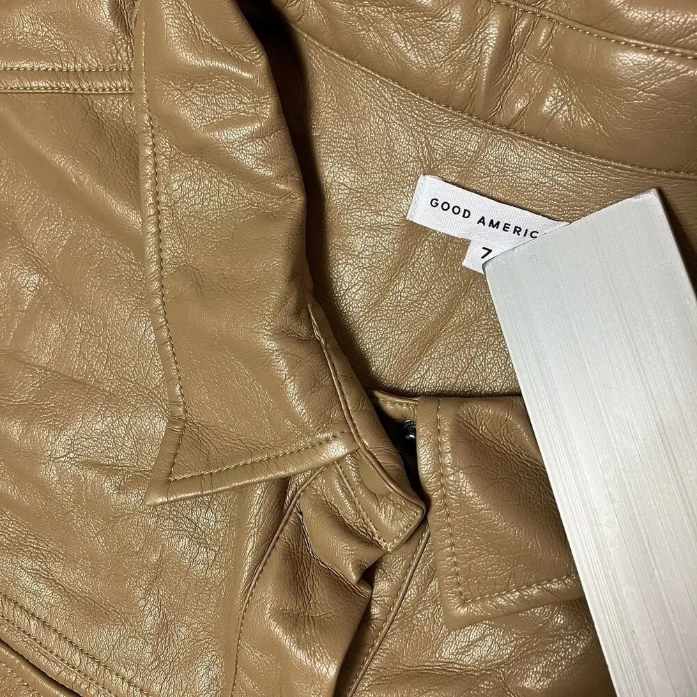 Good American Faux Leather Shirt Jacket Tan‎ Womens 7 Snap Front Overshirt